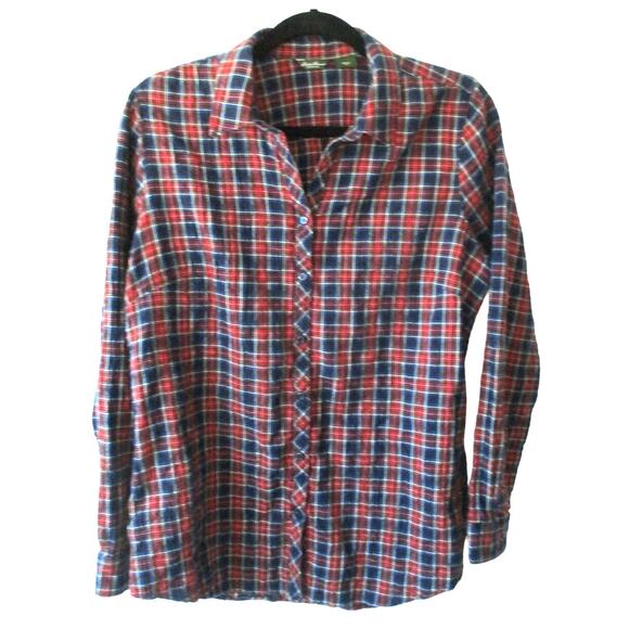 Eddie Bauer Men's Long Sleeve Red & Blue Plaid Button Flannel Shirt Size Large - Picture 1 of 9